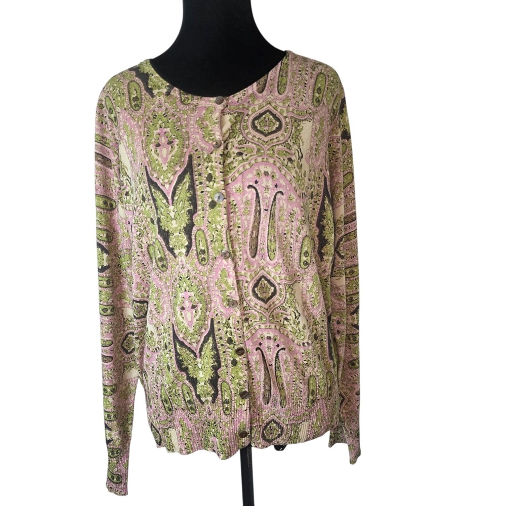 Emma James Womens L NWT Paisley 53% Silk Blend Knit Cardigan Sweater